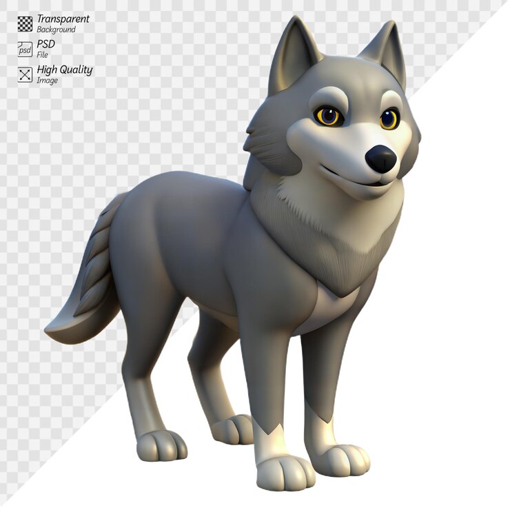 PSD lobo de desenho animado 3d realista em uma tela digital