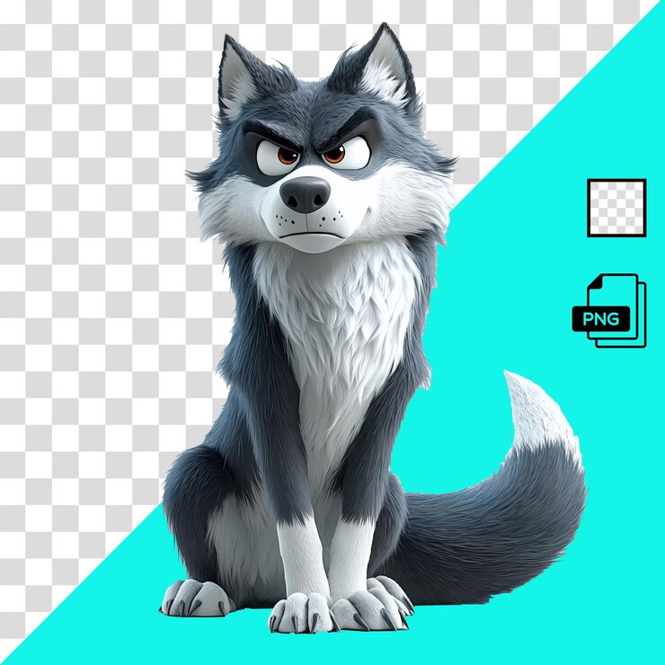 PSD un lobo de dibujos animados con una gran cara enojada y una franja blanca en su cara