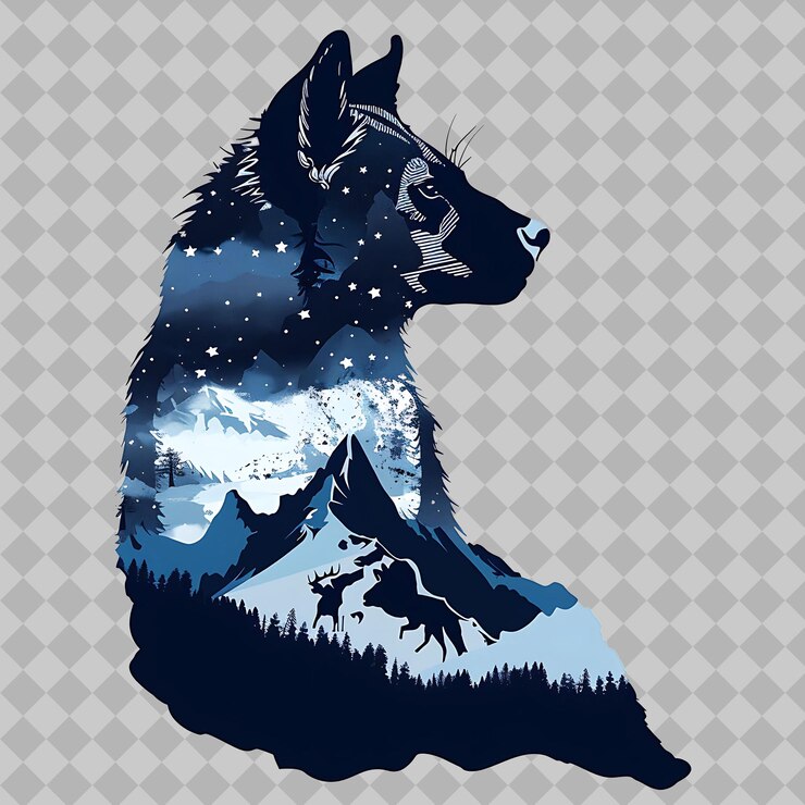 PSD un lobo con las estrellas en él y la luna en el fondo