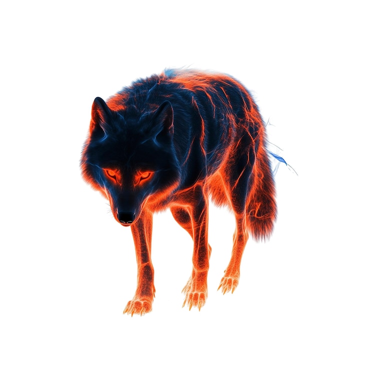 PSD lobo de fuego una representación digital de un lobo en brasas en llamas