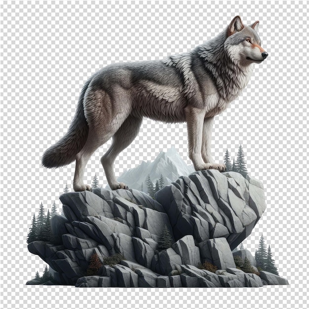 PSD un lobo está de pie en una roca con una montaña en el fondo