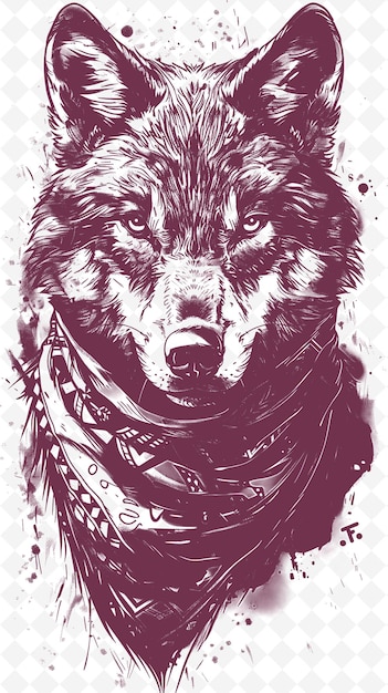 PSD lobo vestindo uma bandana com expressão selvagem poster de retrato animais esboço arte coleções vetoriais