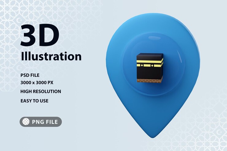 localização do pino qibla kaabah da ilustração 3D