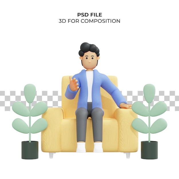 Lockiger behaarter mann, der auf stuhl 3d-rendering 3d charakter 3d illustration sitzt premium psd