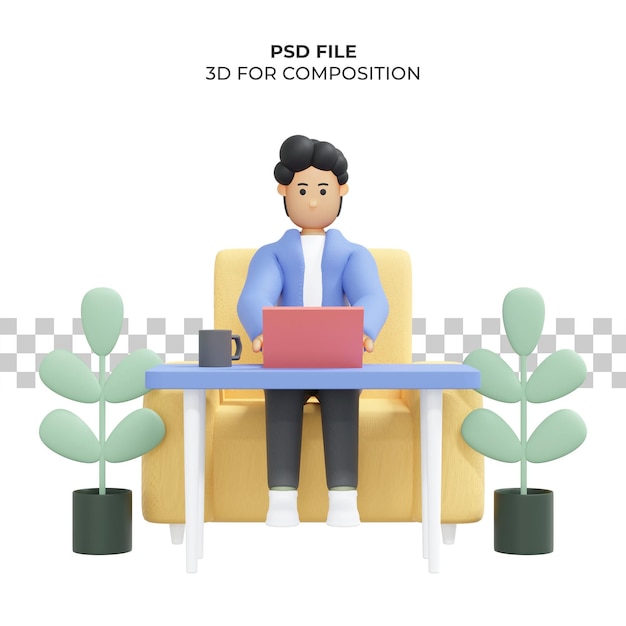 Lockiger mann, der sitzend auf stuhl mit laptop-freiberufler 3d-illustration arbeitet premium psd