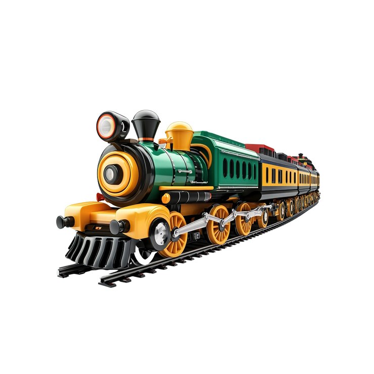 PSD locomotora de tren de vapor verde y dorado vintage con vagones de pasajeros en las vías 3d render
