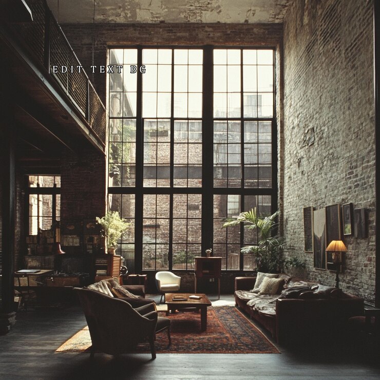 PSD loft apartment interior with large windows exposed brick walls and vintage furniture