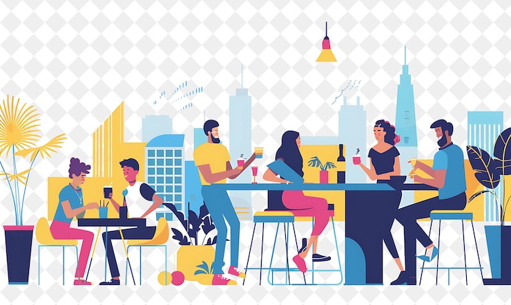 PSD un loft moderno con personajes que tiene un diseño de fiesta en la azotea es una ilustración plana del estilo de vida de la gente