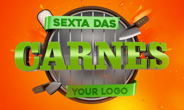 Logo 3d render promoción de carne y barbacoa y sello de descuento