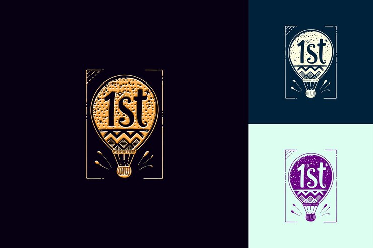 PSD logo amusant avec texte logo de l'emblème 1st avec une forme de ballon et des collections de conception abstraite vectorielle