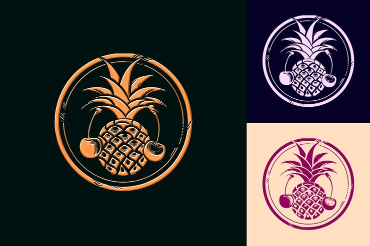 PSD logo azul hawaiano con una piña y cereza logo de la medalla st png diseños de bebidas inspiradas en los trópicos