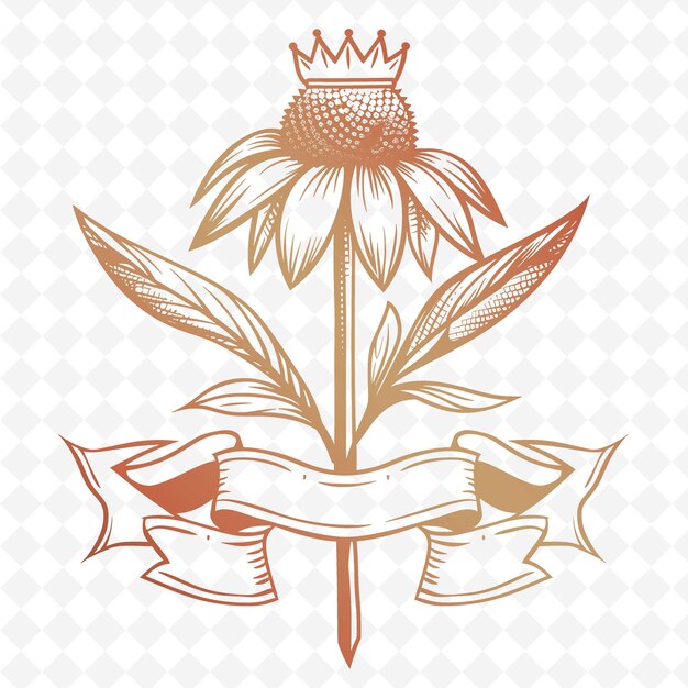 PSD logo de crête de fleur d'échinacée avec ruban décoratif et couronne collections de conception vectorielle d'herbes naturelles