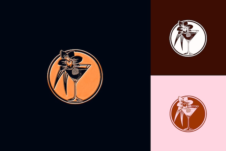 PSD logo del lychee martini con un lychee e un'orchidea della giungla medaglia png disegni di bevande ispirate alle zone tropicali