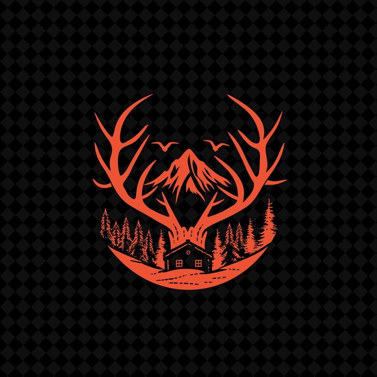 PSD logo dell'albero di aspen rustico con corna decorative e disegni vettoriali creativi delle piante di cabin des