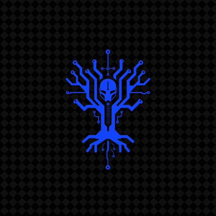 PSD logo dell'albero futuristico con scheda di circuito decorativa e disegni vettoriali creativi di piante robot