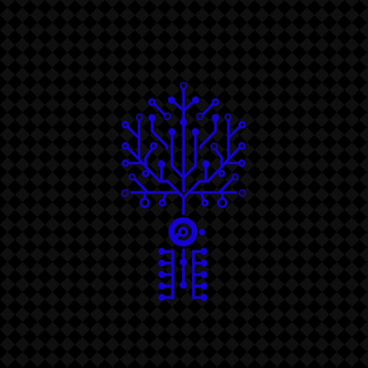 PSD logo dell'albero futuristico con scheda di circuito decorativa e disegni vettoriali creativi di piante robot