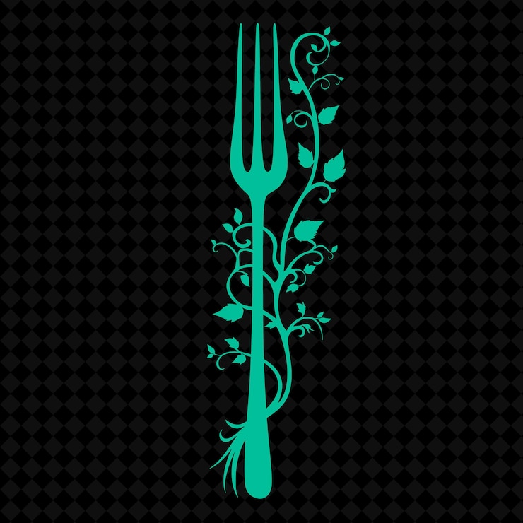 PSD logo della forchetta di edera culinaria con spine decorative e disegni vettoriali creativi di piante di vite salate