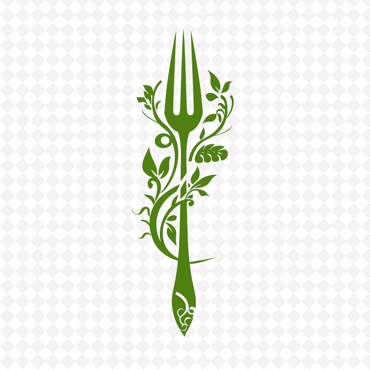 PSD logo della forchetta di edera culinaria con spine decorative e disegni vettoriali creativi di piante di vite salate