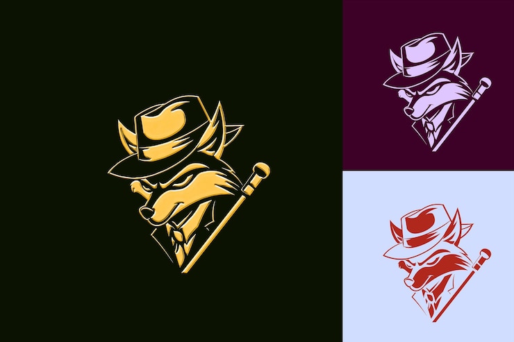 PSD logo della mascotte sly fox con un cappello e una canna progettati con un design vettoriale astratto carino
