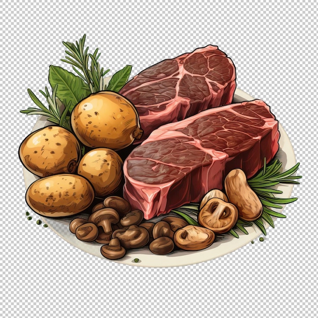 PSD logo de dessin animé viande de bœuf et de pommes de terre isolées backgr