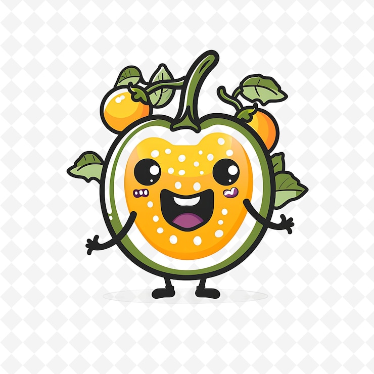 PSD logo di personaggio di frutta della passione esotica con viti decorative un disegno vettoriale creativo e minimalista