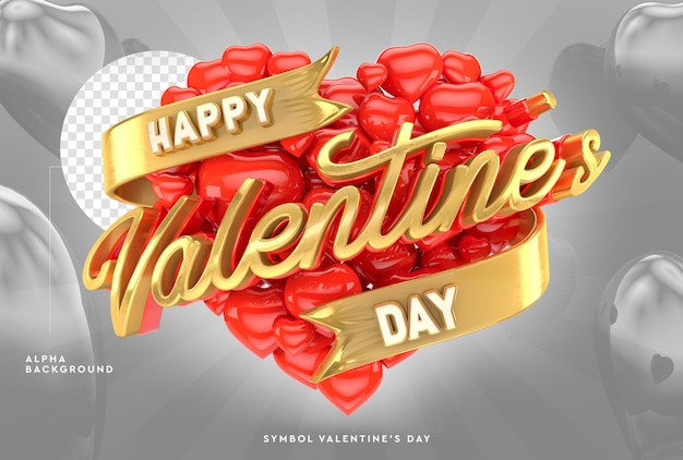 Logo di San Valentino felice 3D con cuori in rendering 3d
