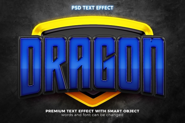 PSD logo du dragon bleu de l'équipe esport maquette modèle effet de texte modifiable 3d