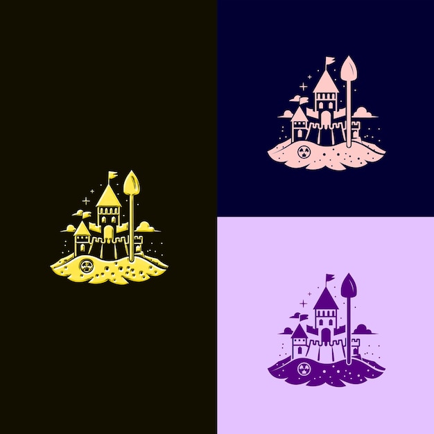 PSD logo du prix du jeu sandbox avec un château de sable et une pelle pour d designs vectoriels créatifs et uniques