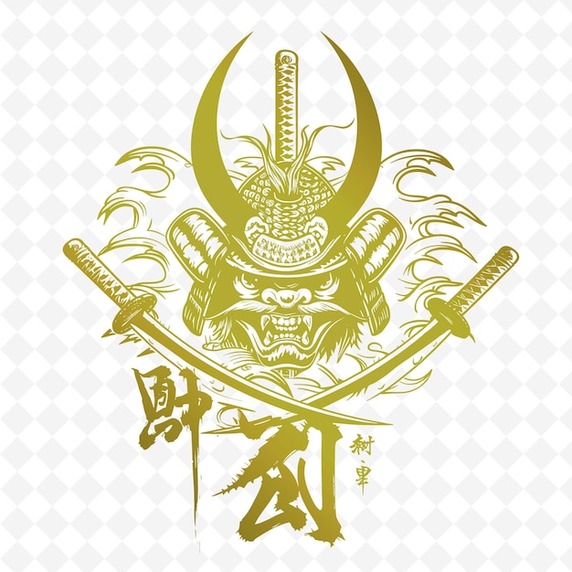PSD le logo du samurai mon féodal avec des poissons koi et des épées katana pour des conceptions vectorielles tribales créatives