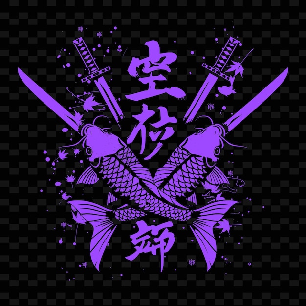 PSD le logo du samurai mon féodal avec des poissons koi et des épées katana pour des conceptions vectorielles tribales créatives