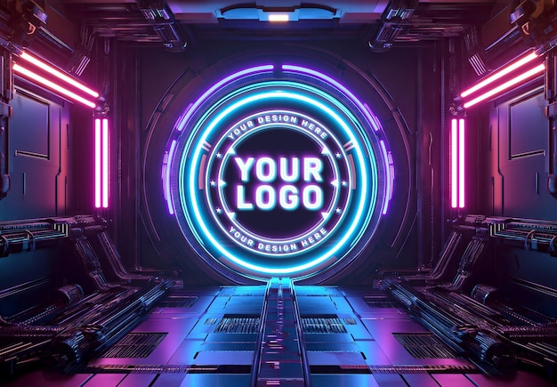 PSD logo sur un écran holographique futuriste