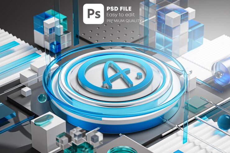 PSD logo extrude circle template mockup high tech concept sistema di rete futuristico rendering 3d di vetro blu