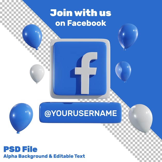 PSD logo facebook de médias sociaux 3d avec ballon et fond alpha d'étiquette