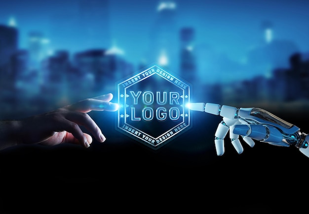 Logo futuriste avec robot et maquette de mains humaines