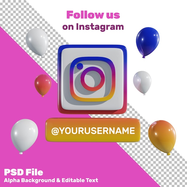 Logo Instagram de médias sociaux 3D avec ballon et fond Alpha d'étiquette