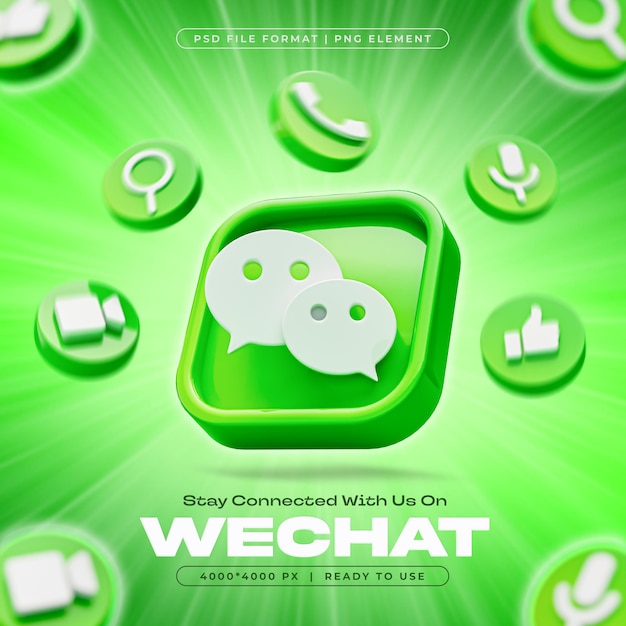 Logo lucido di WeChat e icone di notifica e reazione post isolate