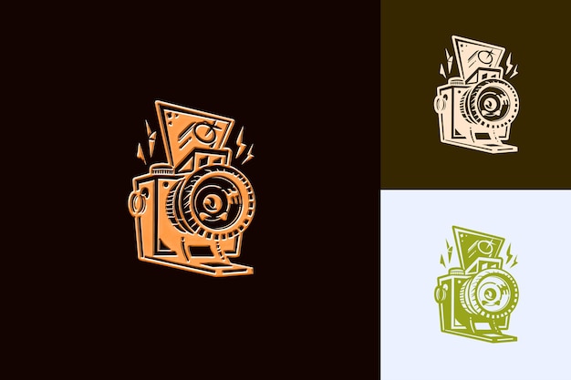 Logo de la mascotte de la caméra rétro avec un objectif et un rouleau de film conçus avec des dessins vectoriels abstraits mignons