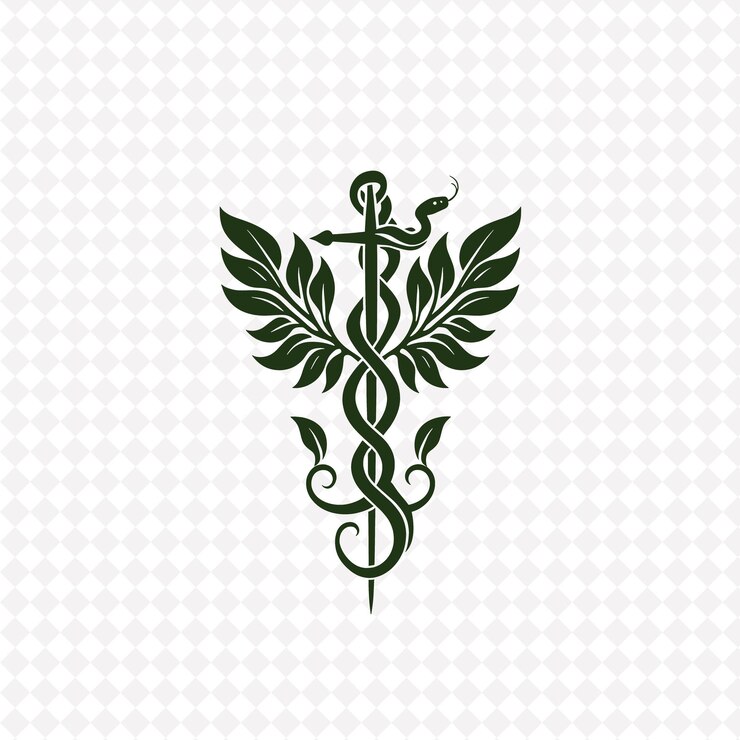 PSD logo medico di ivy caduceus con serpenti decorativi e disegni vettoriali creativi di piante curative