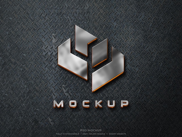 Logo metallico in acciaio inossidabile riflettente 3D Mockup con luce arancione incandescente