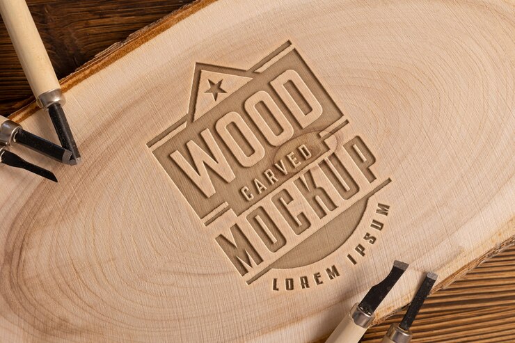 PSD logo mock-up con effetto inciso su legno e strumenti