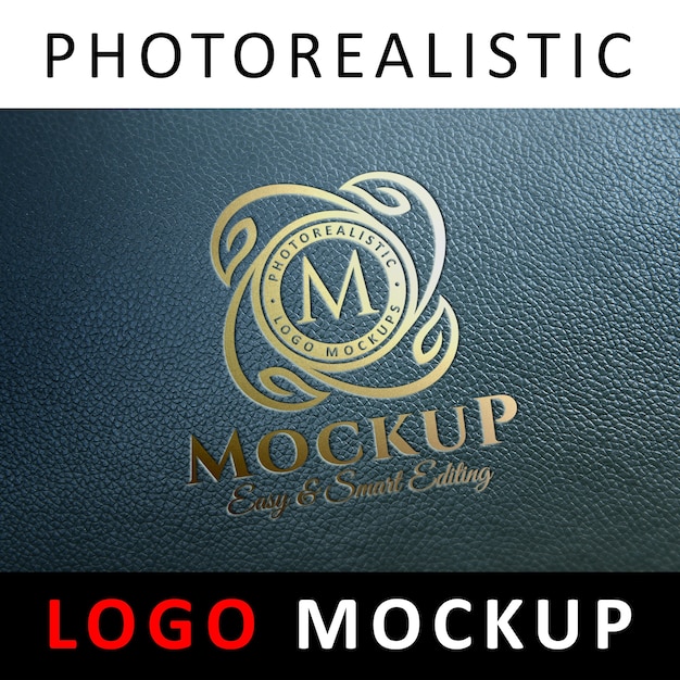 PSD logo mock up - logotipo de estampado de lámina dorada en piel bllue