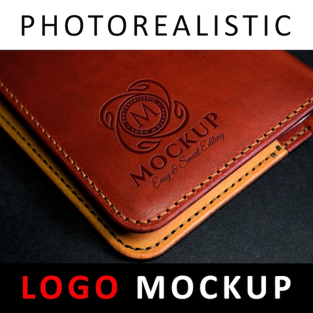 PSD logo mock up - logotipo grabado en la billetera de cuero