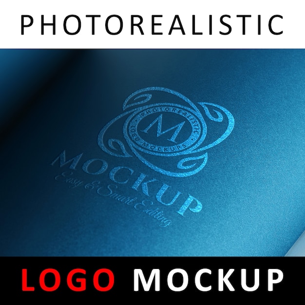 PSD logo mock up - stamped blau metallic-logo auf blauem papier