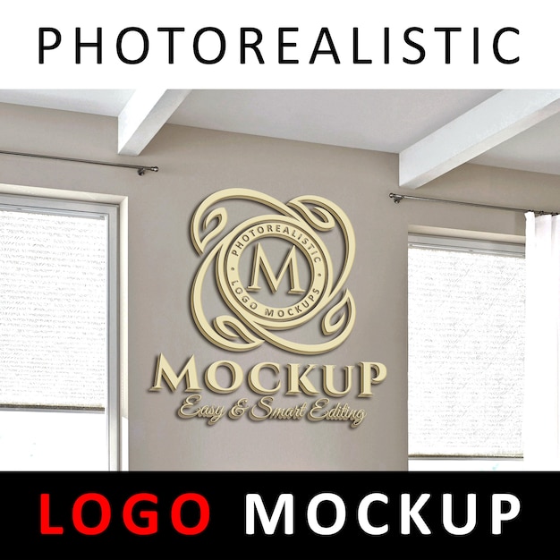 PSD logo mockup - 3d golden logo na parede do escritório