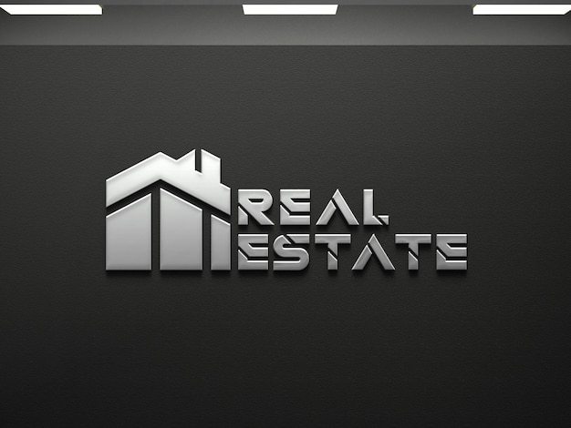 LOGO MOCKUP 3D PRATA EFEITOS FUNDO ESCURO DO ESCRITÓRIO