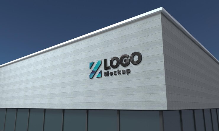 Logo Mockup 3D Sign Fachada preta Edifício renderizado em 3D