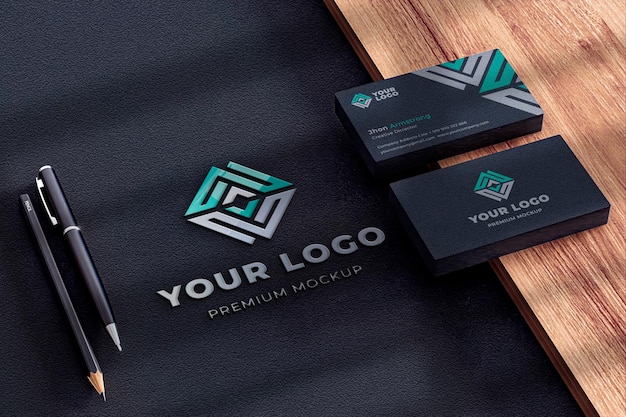 PSD logo mockup e cartão de visita parede de papel preto texturizado 3d realista