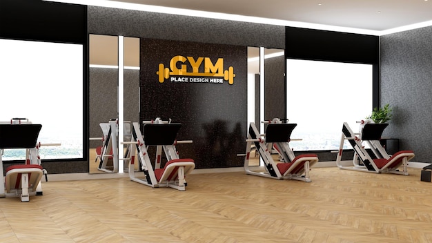 PSD logo-mockup im modernen black wall gym zur pflege des körpers mit fitnessgeräten