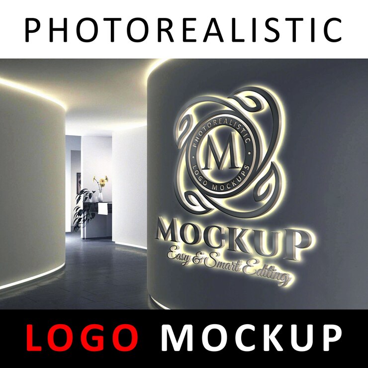 Logo Mockup - Señalización de logotipo LED retroiluminada en 3D en un muro de la empresa