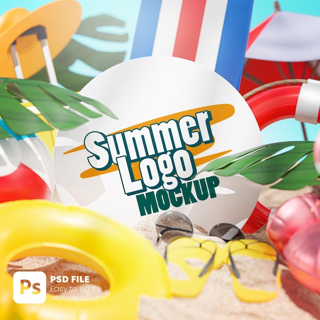 Logo Mockup Summer Beach Accessories Background 3D Rendering